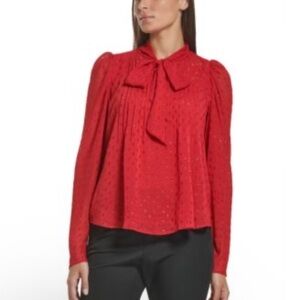 Tommy Hilfiger Red Clip Dot Pleated Tie Neck Blouse Large Holiday Work Top